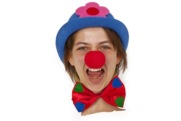 Clown Avec Nez Rouge Regardant Papier Blanc — Photo