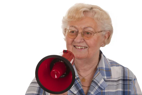 Äldre Kvinna Med Megafon Isolerad Vit Bakgrund — Stockfoto