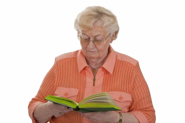 Kvinnliga Senior Med Bok Isolerad Vit Bakgrund — Stockfoto