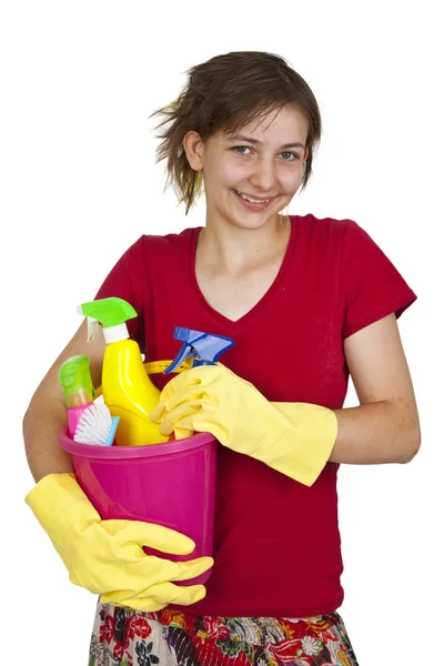 Vrouw met het schoonmaken van gereedschappen — Stockfoto