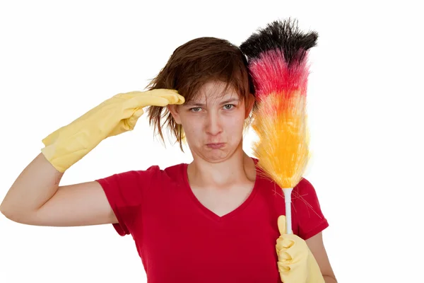 Woman with duster — Stock Photo, Image