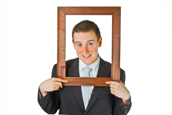 Businessman with wooden frame