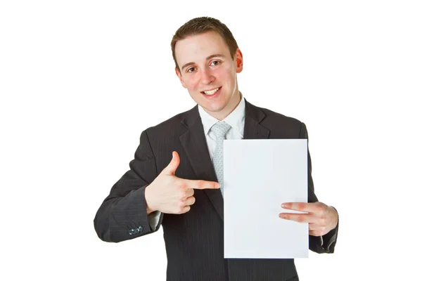 Молодой бизнесмен с белой бумагой — стоковое фото