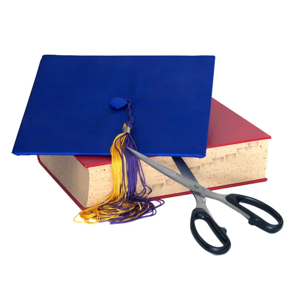 Education Cuts - Scissors Cutting Grad Hat — Stock Photo, Image