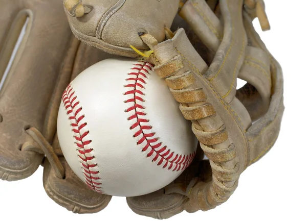 Närbild av hardball i baseball handske Stockbild