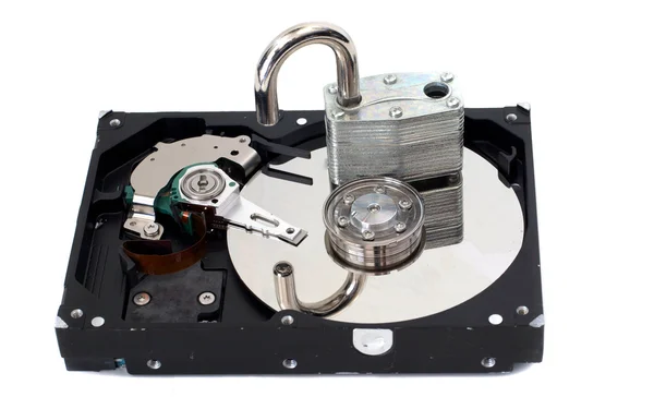 Unlocked Padlock on a Hard Disk Drive — Stock Photo, Image