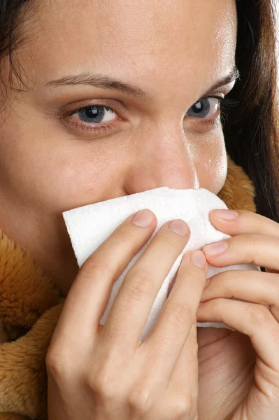 Young woman has a cold and one tissue — Stock Photo, Image
