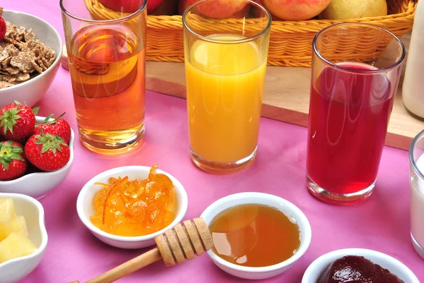Full breakfast with organic juice and jam — Stock Photo, Image