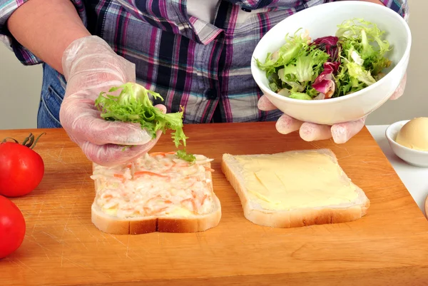 Prepare toast bread with some organic salad — Stock Photo, Image