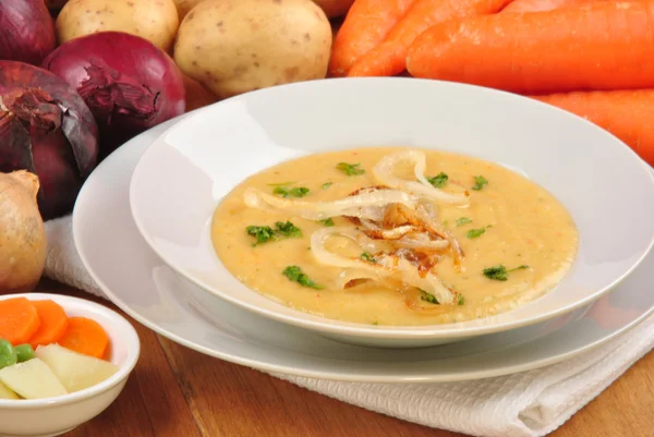 stock image Vegetable puree in a white plate with fried onion