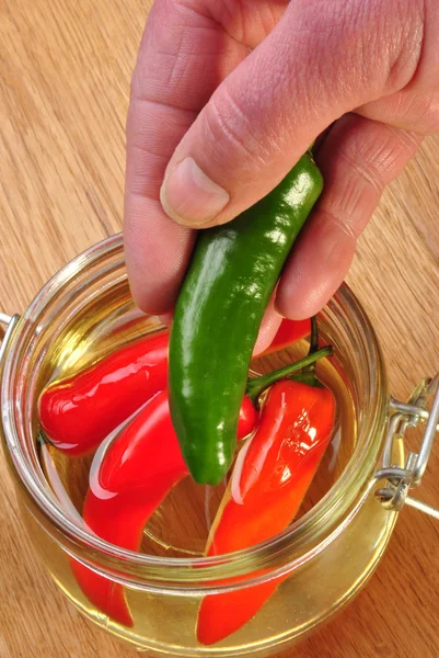 Organická červená a zelená paprika slunečnicový olej — Stock fotografie