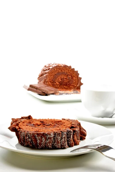 Home made chocolate cake on a white plate — Stock Photo, Image