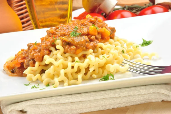 Home made noodle and organic goulash — Stock Photo, Image