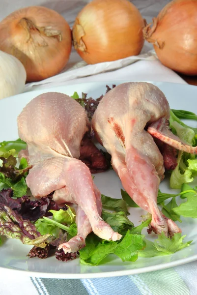 Two quails on a plate with salad — Stock Photo, Image