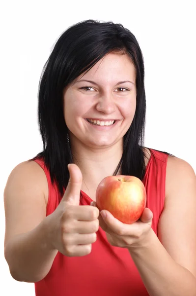 A young woman holding one organic apple — Stock Photo, Image