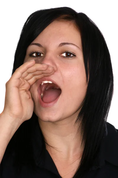 Μια Νεαρή Γυναίκα Φωνάζει Ανοιχτό Στόμα — Φωτογραφία Αρχείου