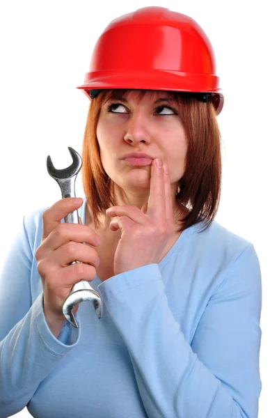 Young Woman Helmet Holds Wrench — Stock Photo, Image