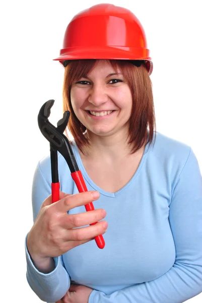 Young Woman Holds Water Pipe Wrench — Stock Photo, Image