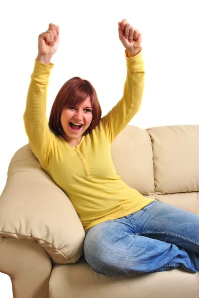 Young Woman Sitting Couch Very Happy — Stock Photo, Image