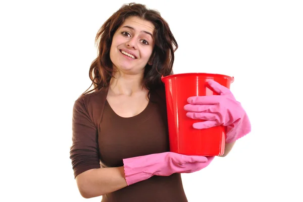 一个年轻的女人带着水桶和手套 — 图库照片