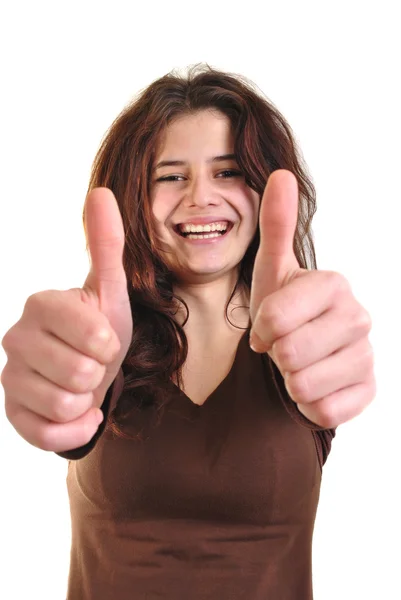 Young woman shows her thumbs, focus face — Stock Photo, Image