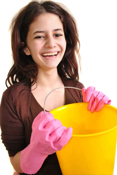 A young woman with a bucket and gloves — Stock Photo, Image
