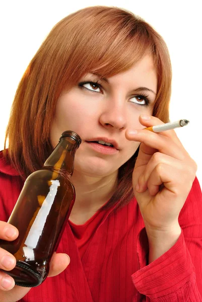 Young Woman Drinks Beer Bottle — Stock Photo, Image