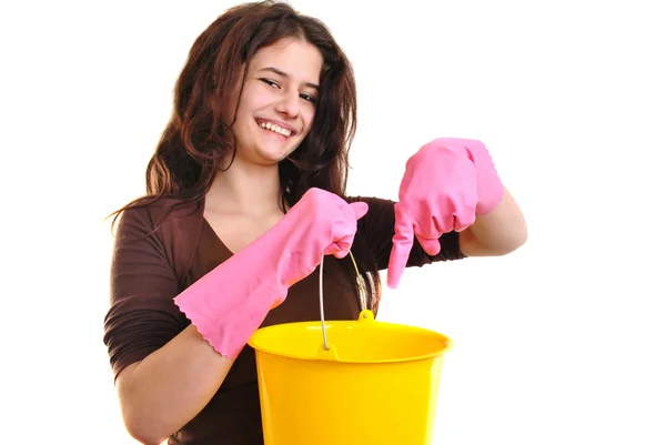 Young Woman Bucket Gloves — Stock Photo, Image