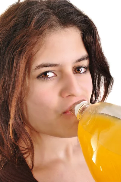 Young Woman Drinks Juice Bottle — Stock Photo, Image