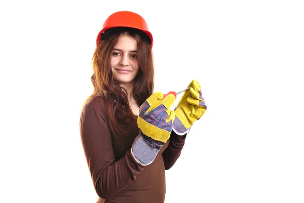 Young Woman Helmet Holds Screwdriver — Stock Photo, Image