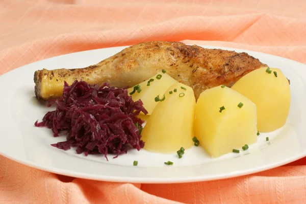 Gegrilltes Hühnchen mit Kartoffeln und Rotkohl — Stockfoto