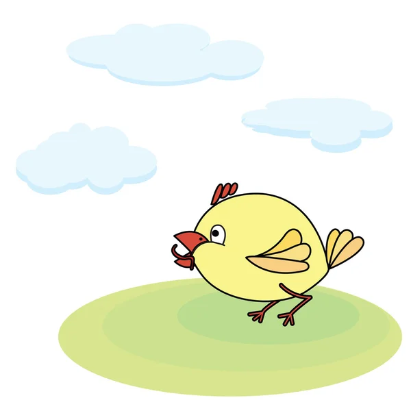 Petit poulet jaune avec ver — Image vectorielle