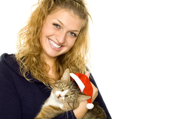 Dziewczyna i "santa" kot — Zdjęcie stockowe