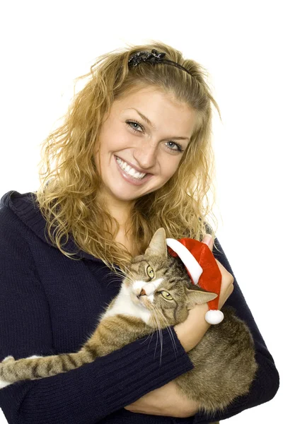 Menina e "Santa" gato — Fotografia de Stock