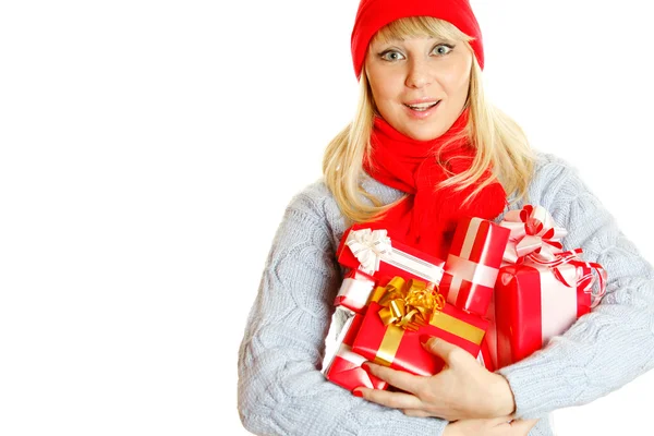 Mujer joven sosteniendo muchas cajas de regalo —  Fotos de Stock