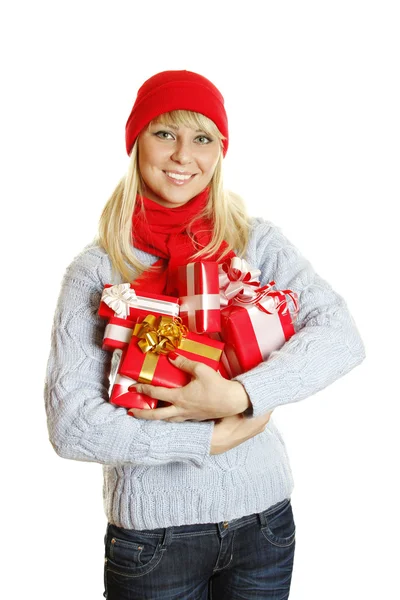 Junge Frau hält viele Geschenkboxen in der Hand — Stockfoto