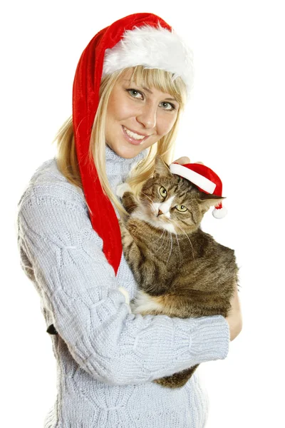 Fille et chat "Père Noël" — Photo