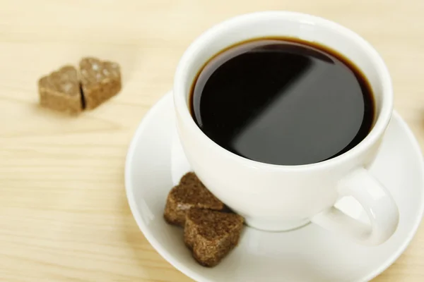 Closeup White Cup Coffee Next Lay Pieces Sugar — Stock Photo, Image
