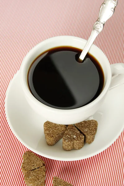 Closeup White Cup Coffee Next Lay Pieces Sugar — Stock Photo, Image