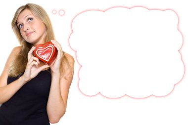 Smiling Young Woman Holding a red Heart. Lots of copyspace and room for text on this isolate clipart