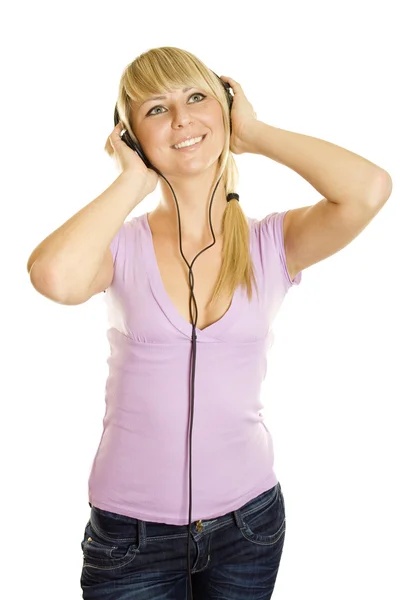 音楽を聴くと歌の女性 白い背景で隔離 — ストック写真