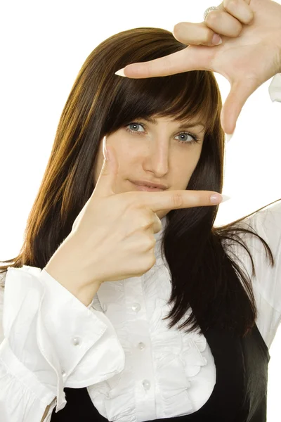 Young Businesswoman Looks Frame Made Hand — Stock Photo, Image