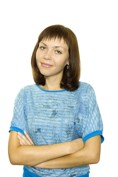 Junge Frau auf weißem Hintergrund — Stockfoto