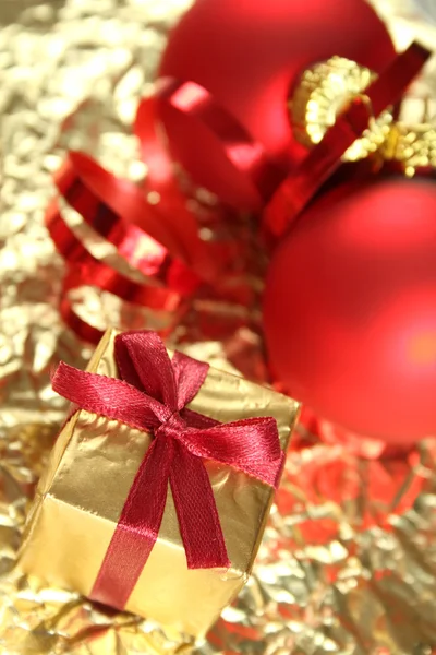 Gold Background Red Christmas Balls Gift Box Stock Photo