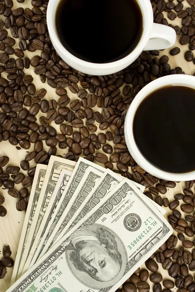 Aromatic Coffee White Cup Coffee Beans Scattered Dollars Stock Photo