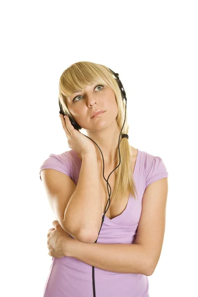 Žena Poslouchá Hudbu Zpěv Izolované Bílém Pozadí — Stock fotografie