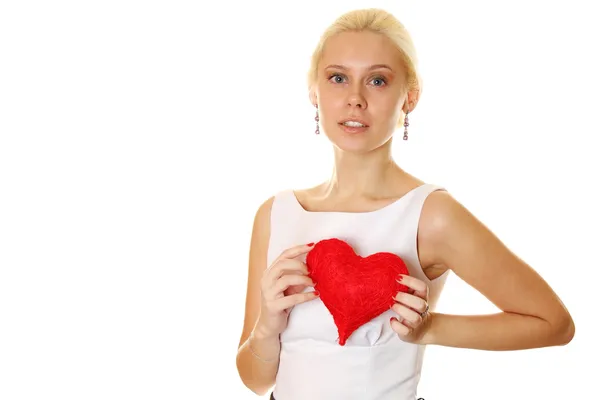 Young Attractive Elegant Woman Holding Big Red Heart Isolated White — Stock Photo, Image