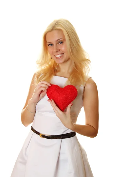 Unga Attraktiva Elegant Kvinna Med Ett Stort Rött Hjärta Isolerad — Stockfoto