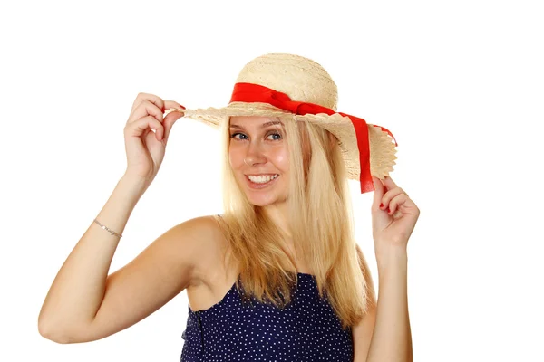 Schöne Junge Blonde Frau Mit Strohhut Und Blauem Sommerkleid — Stockfoto