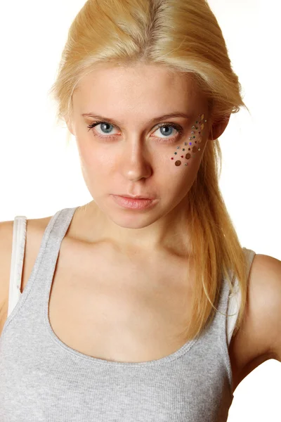 Beautiful Young Blond Woman Makeup Multicolored Crystals Face — Stock Photo, Image